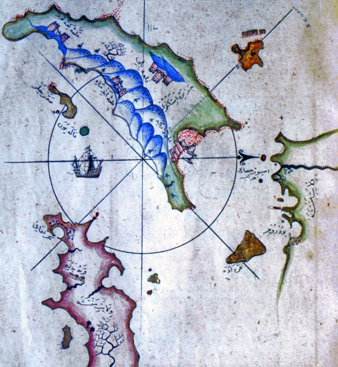 Pîrî Reis’in Kitâb-ı Bahriyye adlı eserinde Bodrum ve çevresini gösteren harita (Süleymaniye Ktp., Ayasofya, nr. 2612, vr. 112a)