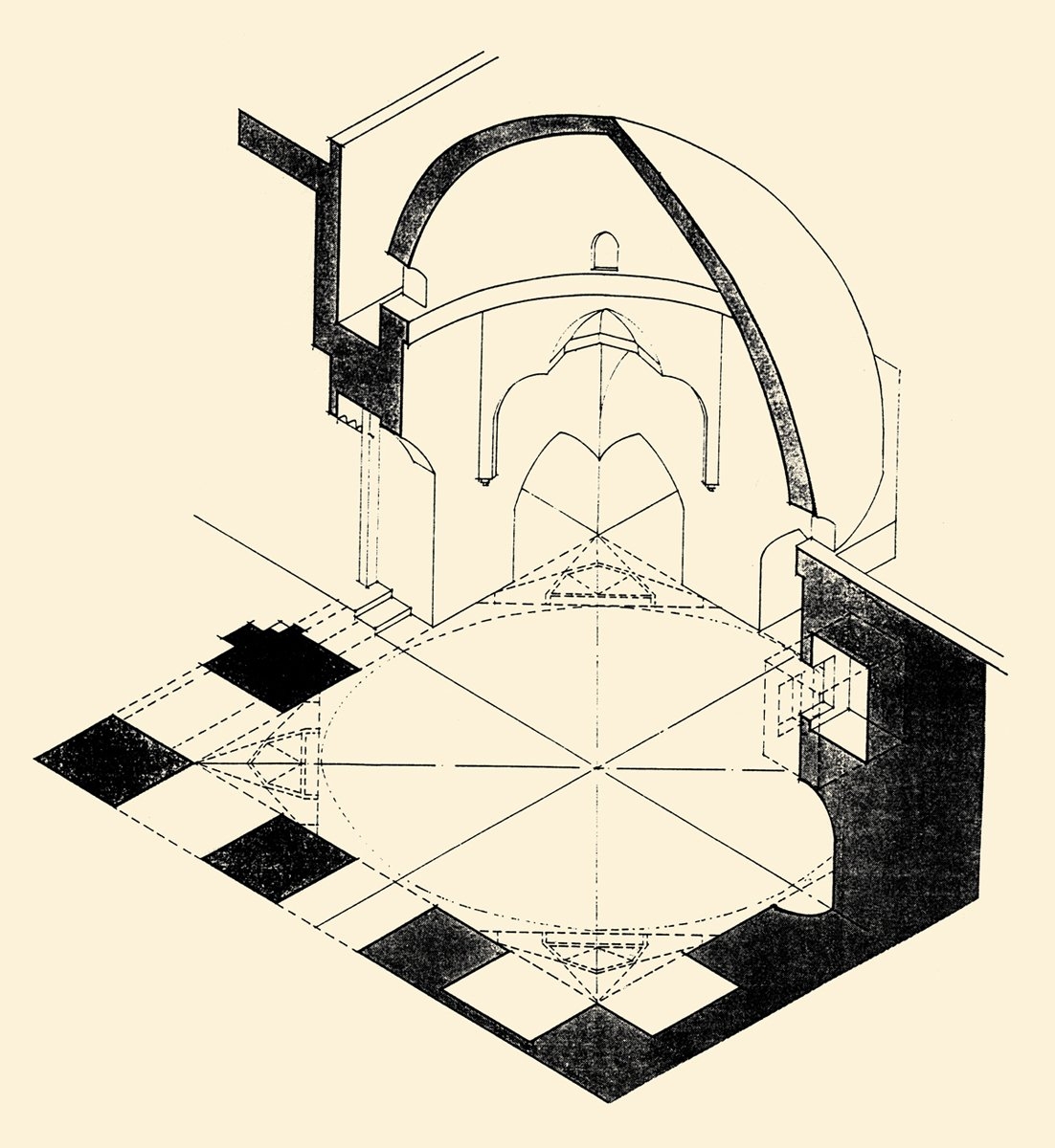 Kahire’deki Zâviyetü’d-Demirtaş’ta tevhidhâneyive halvethânelerden birini gösteren perspektif(Doris Behrens-Abouseif, şekil 4)