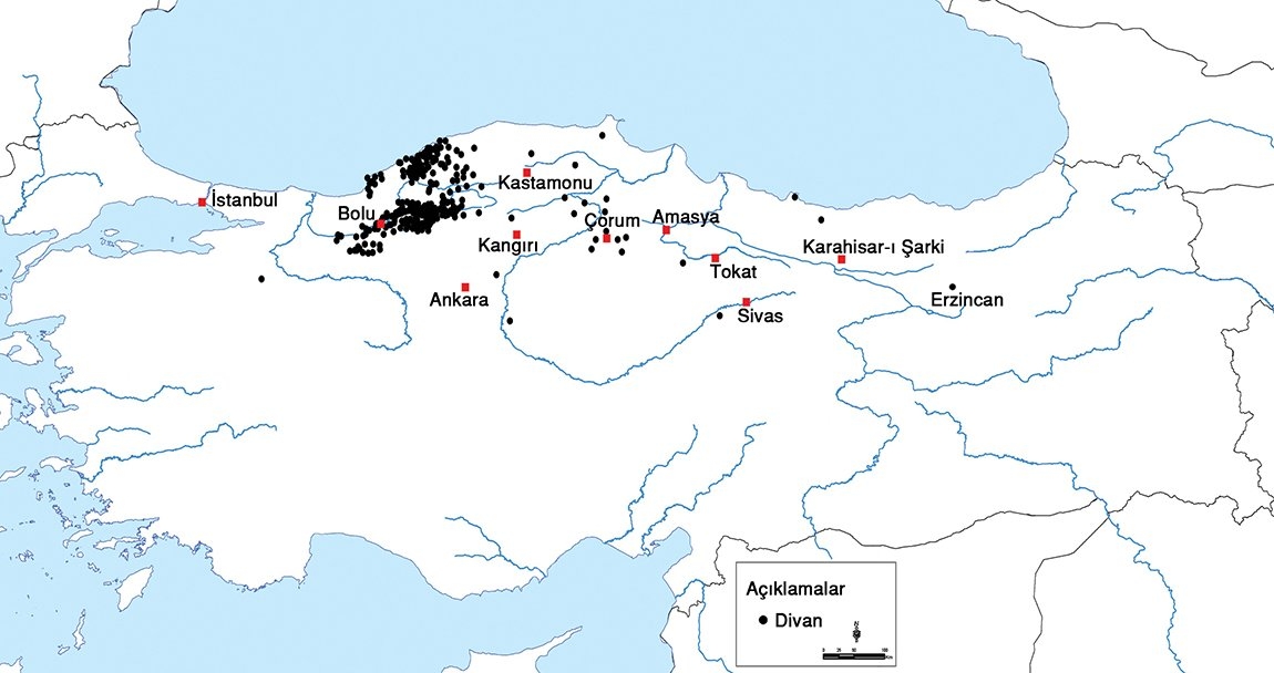 1530 yılı tahrir defterlerinde yapılan taramalara göre divanların yerlerini gösteren harita
