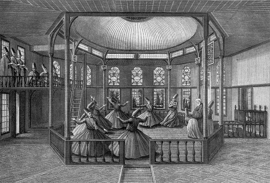 Mevlevî dervişlerinin semâını tasvir eden gravür(I. M. D’Ohsson, Tableau général de L’Empire ottoman, Paris 1790, II, lv. 133)