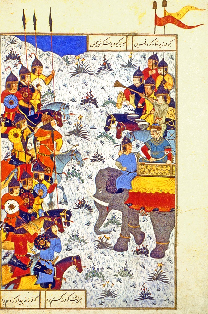 Keyhusrev’i bindiği filin üzerinden ordusunu denetlerken gösteren bir minyatür(Firdevsî, Şâhnâme, Binney Collection)