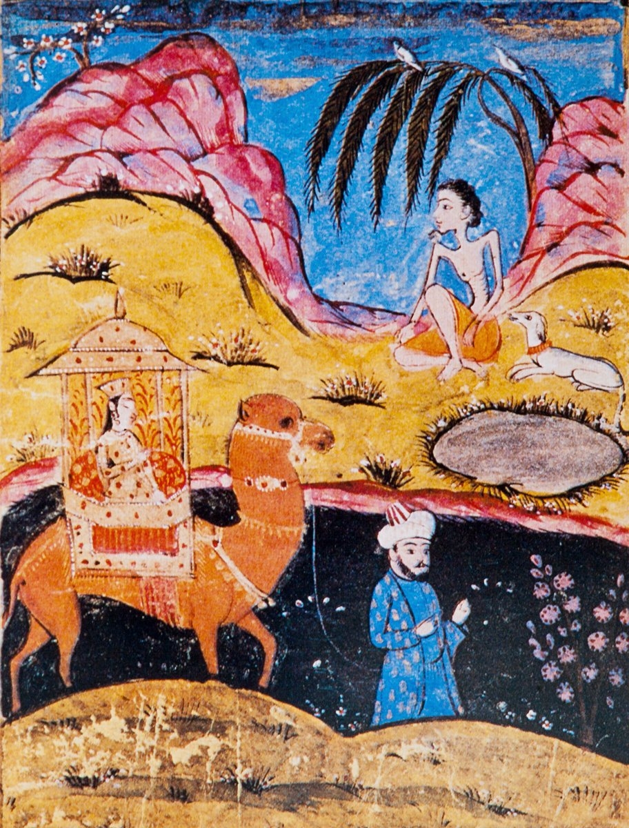 Leylâ’nın Mecnûn’un önünden geçişini gösteren bir minyatür (Oriental Miniatures, Tashkent 1980, s. 59)
