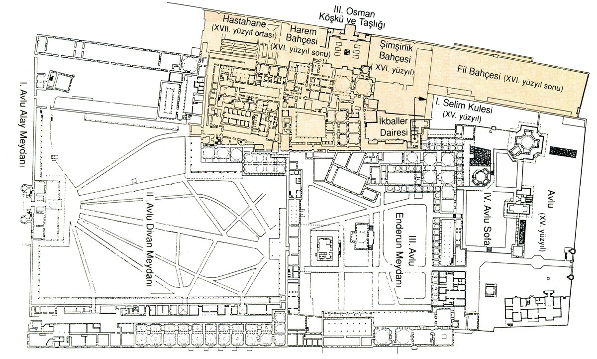 Topkapı Sarayı’nın planı(Harem bölümü renklendirilmiştir)
