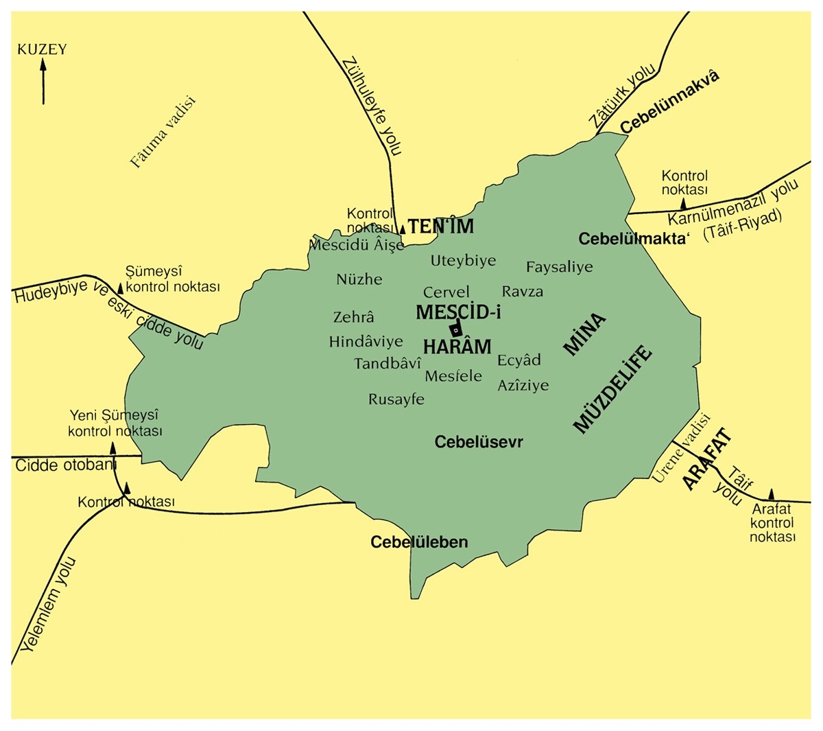 Mekke haremi ve sınırlarını gösteren harita