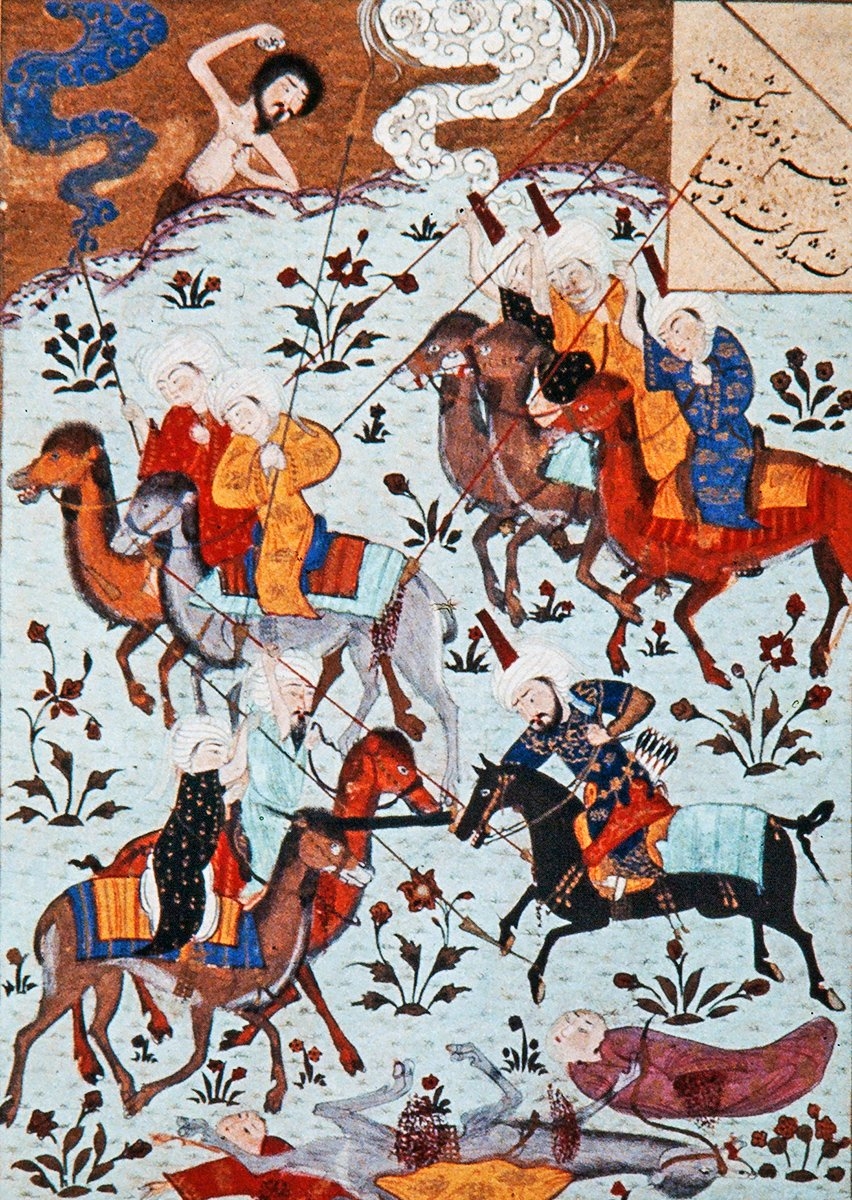 Nevfel’in askerleriyle Leylâ’nın babasına ait ordunun savaşmasını seyreden Mecnûn (TSMK, Revan Köşkü, nr. 539, vr. 131a)