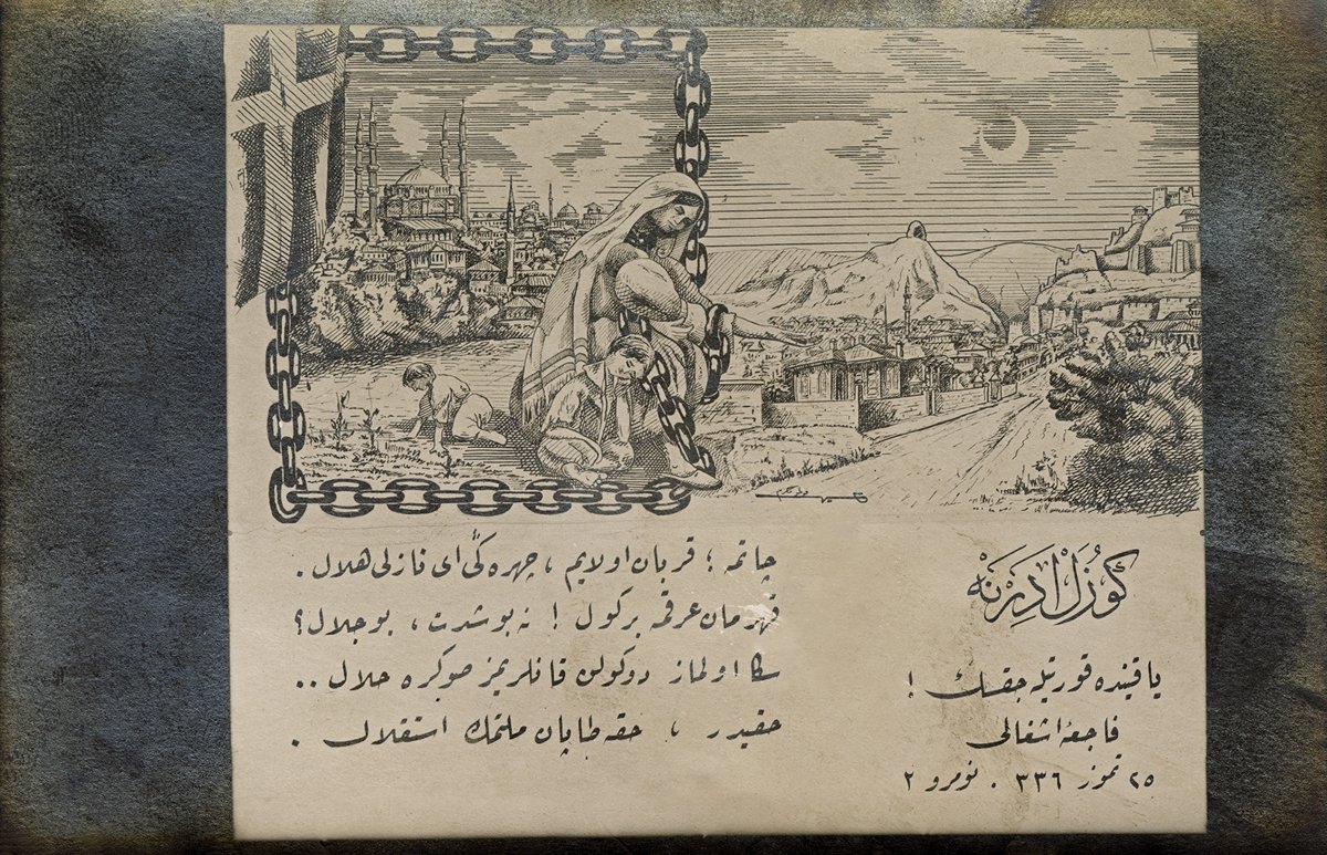 Millî Mücadele kapsamında bazı şehirlerin kurtuluşu vesilesiyle yayımlanan (Foto Mükerrem, 1922) seriden, üzerinde İstiklâl Marşı’nınikinci kıtasının yer aldığı “Güzel Edirne Yakında Kurtulacak” başlıklı kartpostal(M. Ruyan Soydan koleksiyonu)