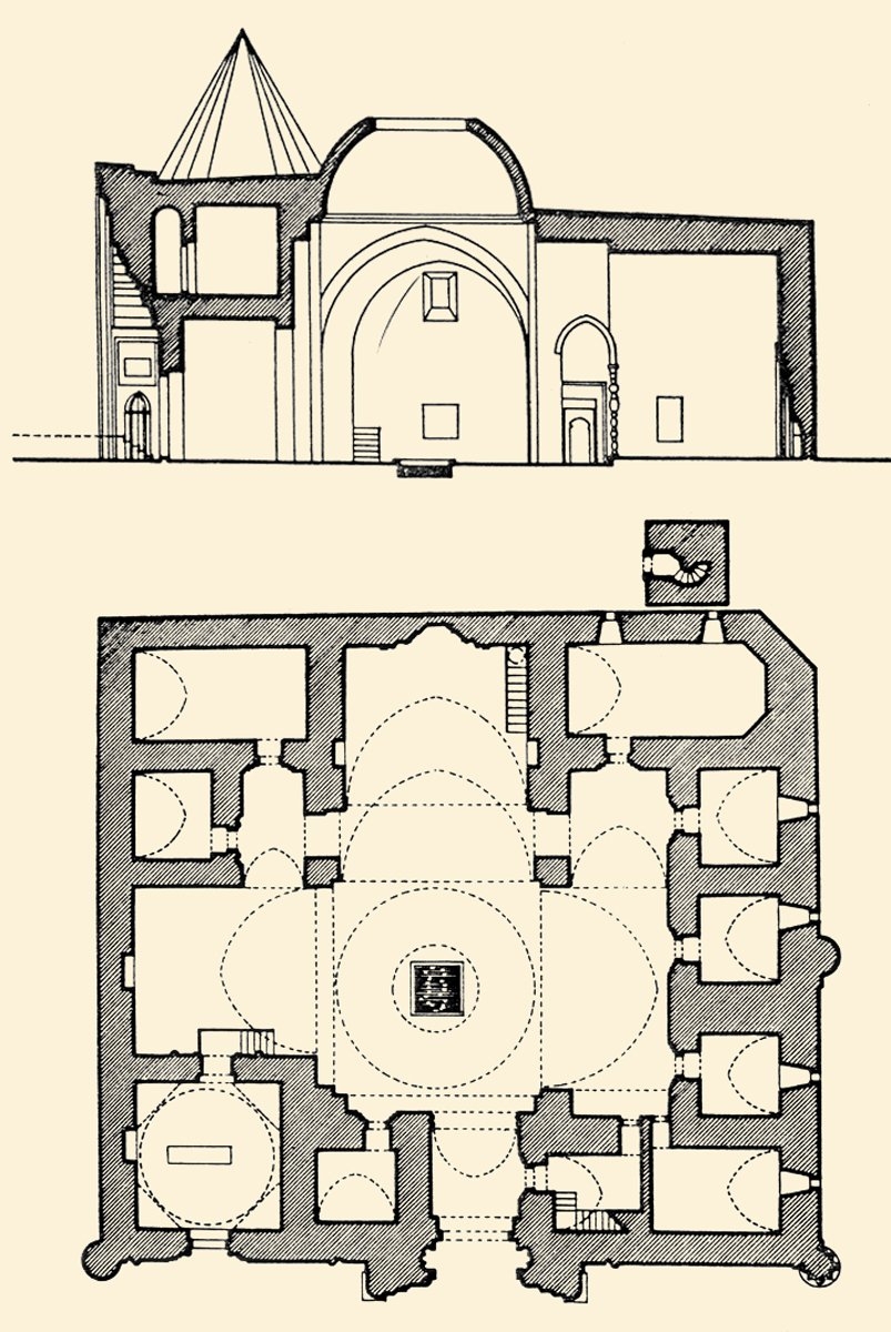 Caca Bey Medresesi’nin planı ile boyuna kesiti(A. Kuran, Anadolu Medreseleri, I, şekil 25-26)