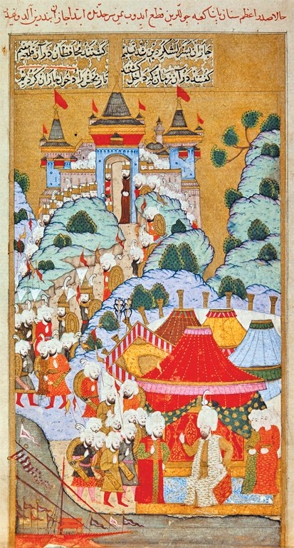 Cîzân Kalesi’nin Sinan Paşa tarafından zaptını gösteren XVI. yüzyıl sonlarında yapılmış bir minyatürü (Mustafa Rumûzî, Târîh-i Feth-i Yemen, İÜ Ktp., TY, nr. 6045, vr. 14b)