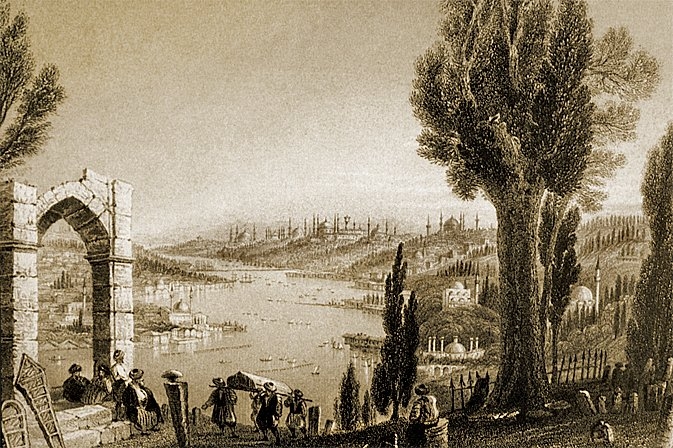 Barlett’in Eyüp sırtlarındaki mezarları gösteren bir gravürü (Miss Julia Pardoe, The Beauties of the Bosphorus, London 1838, s. 12)