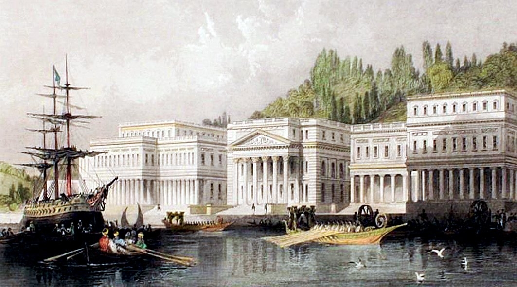 Boğaziçi kıyısında inşa edilen, Avrupa empire üslûbunun örneklerinden Sultan II. Mahmud’un sahilsarayının 1838 yılında Th. Allom tarafından yapılan gravürü (R. Walsh, II, 2)