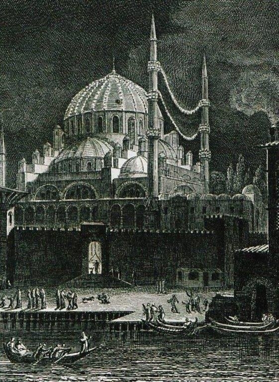 A. L. Castellan’ın çizdiği, ramazanda mahya kurulmuş Eminönü Yeni Valide Camii’ni gösteren XIX. yüzyılın başlarına ait gravür(Castellan, Lettres sur la Grèce, l’Hellespont et Constantinople, Paris 1811, levha 5)