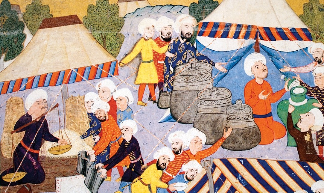 Sefer sırasında kurulan ordu pazarının tasvir edildiği minyatür (Nusretnâme, TSMK, Hazine, nr. 1365, vr. 35a’dan detay)