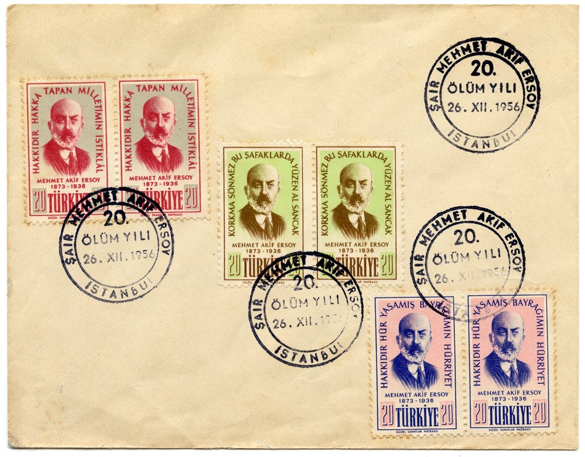 Mehmed Âkif’in yirminci ölüm yıl dönümü vesilesiyle basılmış hâtıra pullar(26 Aralık 1956; K. Yusuf Ünal koleksiyonu)