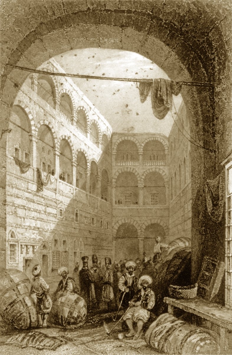 Büyük Yeni Han’ın XIX. yüzyılın ilk yarısı içinde W. H. Barlett tarafından çizilen gravürü (J. Pardoe, The Beauties of the Bosphorus, London, ts., s. 138)