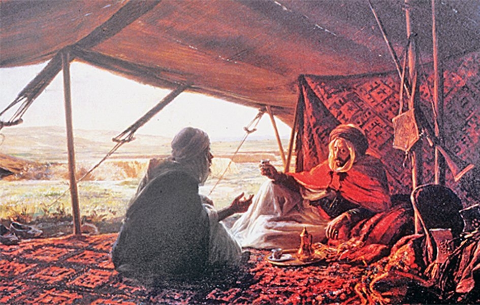 Sahrada çadır içinde dinlenen bedevîleri gösteren Eugène Giradet’nin yağlı boya tablosu (L. Thornton, Les Orientalistes peintres et voyageurs 1828-1908, Paris 1985, s. 57)