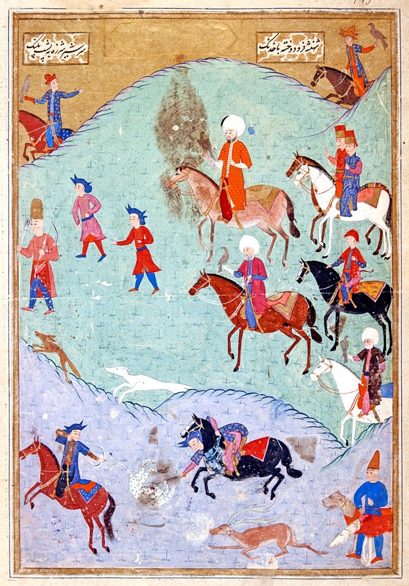 Bir av sırasında elinde doğan tutandoğancıyı gösteren bir minyatür(Şehinşâhnâme, İÜ Ktp., FY, nr. 1404, vr. 145b)