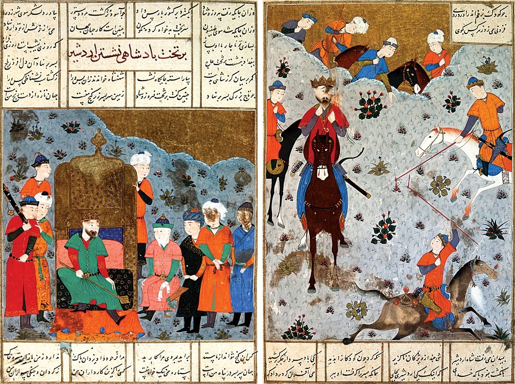 Erdeşîr’i tahtında otururken ve çevgân oynarken gösteren iki minyatür (Firdevsî, Şâhnâme, İÜ Ktp., FY, nr. 1406, vr. 129b, 128a)