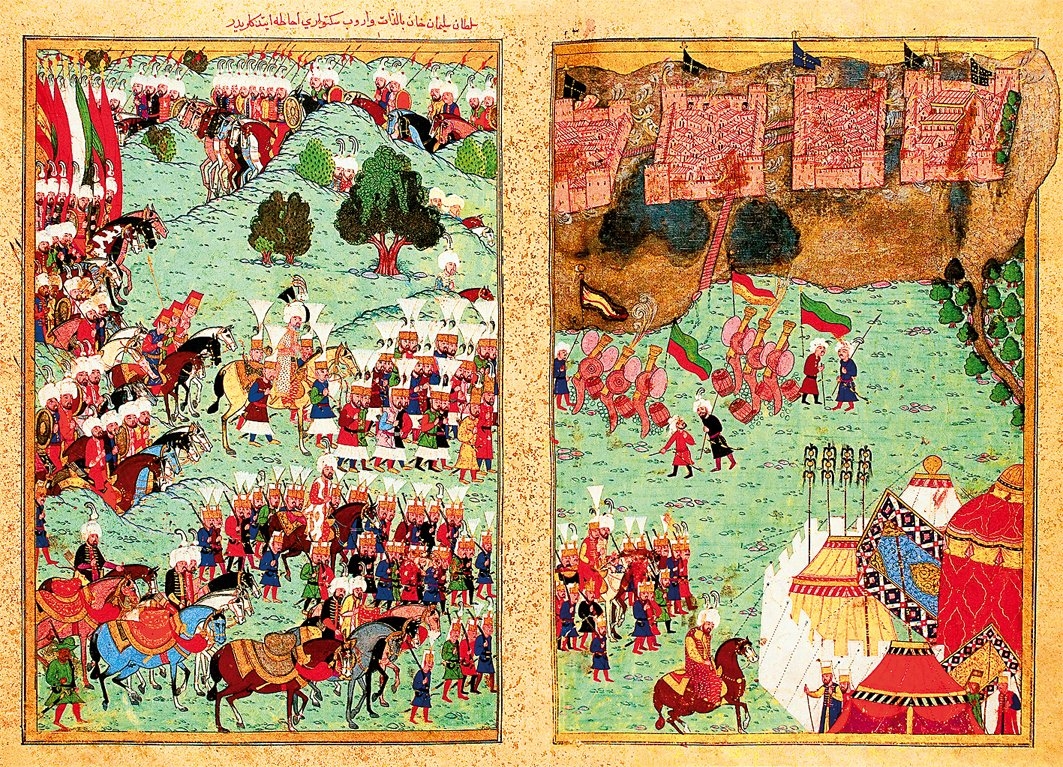 Osmanlı ordusunu Sigetvar Kalesi’nin önünde gösteren minyatür (Lokmân b. Hüseyin, Hünernâme, TSMK, Hazine, nr. 1524, II, vr. 277b-278a)