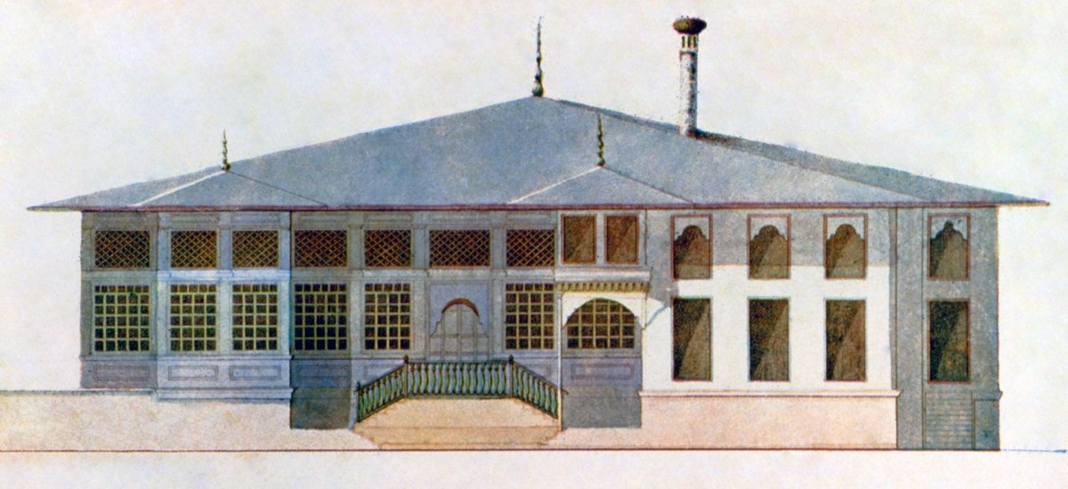 Edirne Sarayı’nda Kum Kasrı’nın meydana bakan cephesinin çizimi (G. Sayger – A. Desarnod, Album d’un voyage en Turquie fait par ordre de sa Majesté l’Empereur Nikolas Ier en 1829 et 1830, Paris, ts., lv. 30)