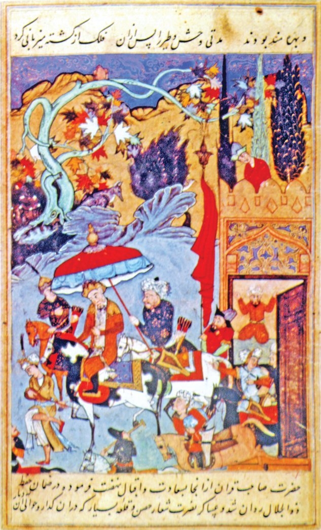 Timur’un Karabağ seferi için çetr ve sancakla saraydan çıkışını gösteren bir minyatür(Oriental miniatures..., Taşkent 1980, rs. 36)