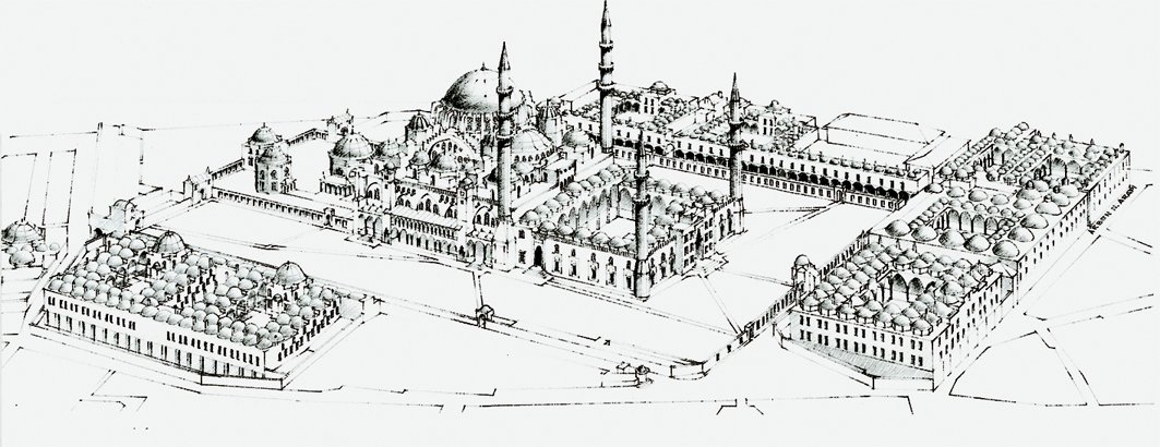 İslâm ilimleri başta olmak üzere tıp da dahil çeşitli bilimlerin Osmanlı İmparatorluğu’nda en yüksek seviyede öğretildiği Süleymaniye medreselerinin, İstanbul şehir siluetine son noktayı koyan XVI. yüzyıldaki aksonometrik çizimi (Gülru Necipoğlu, The Age of Sinan, New York 2005, şekil 168)