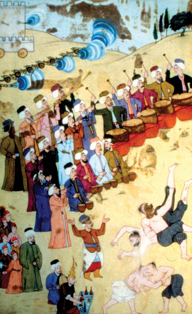 III. Ahmed dönemindeki saray düğünlerinde yapılan bir huzur güreşini tasvir eden minyatür (Surnâme-i Vehbî, TSMK, III. Ahmed, nr. 3593, vr. 116a)