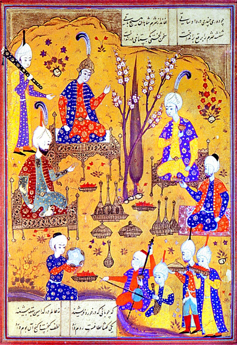 Nizâmî’nin Ḫamse’sinden, Hüsrev’in baharda tertip edilen ziyafet ve eğlenceye katıldığını gösteren bir minyatür (Kerim Kerimov, Khamsa Miniatures, Bakü 1983, nr. 24)