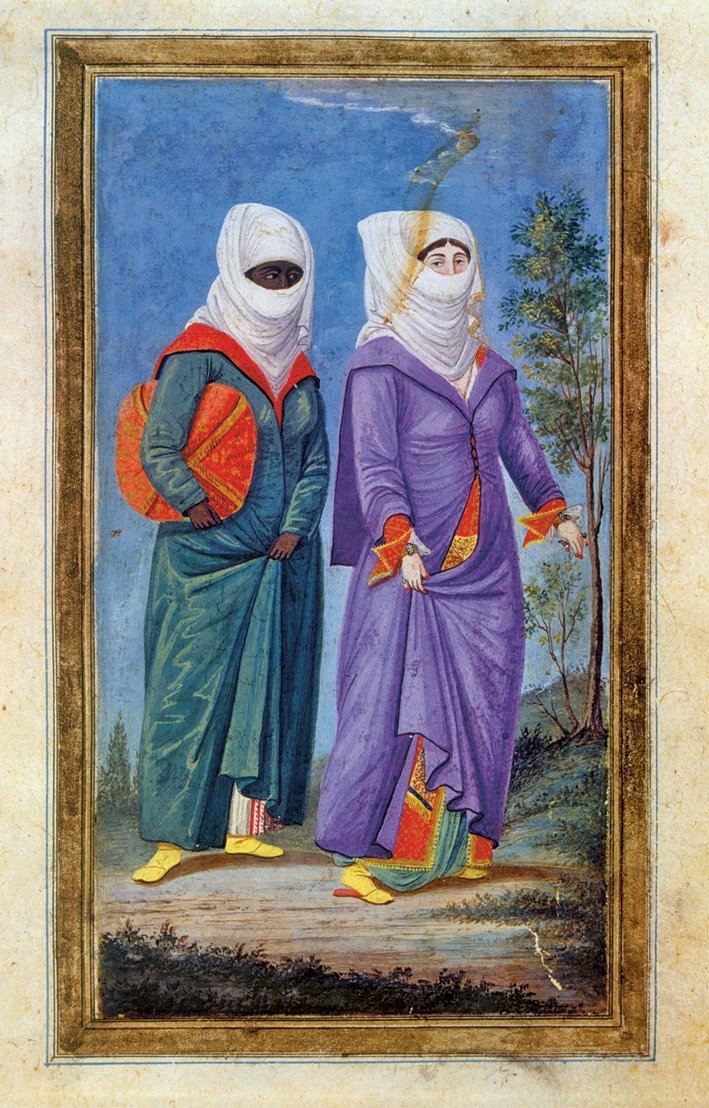 Yaşmaklı iki kadın tasviri (Enderunlu Fâzıl, Zenânnâme, İÜ Ktp., TY, nr. 5502, vr. 110b)