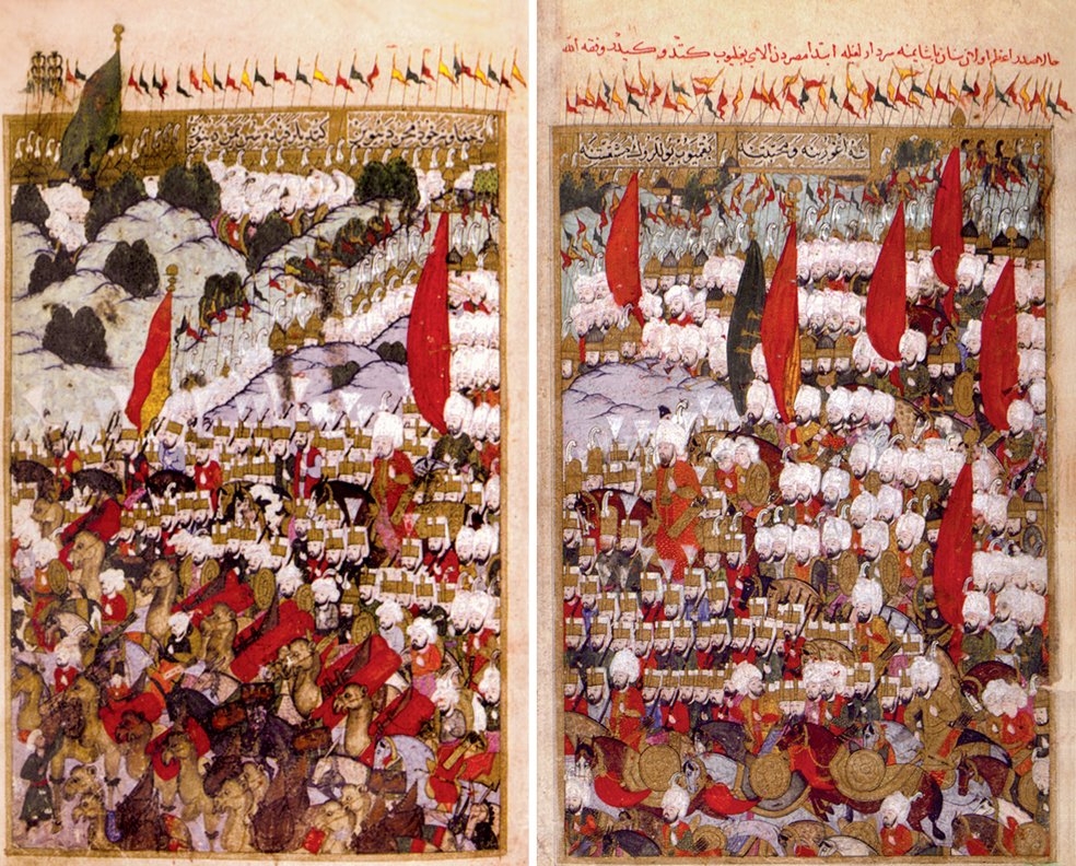 Osmanlı ordusunun sefere çıkış merasiminitasvir eden minyatür (Târîh-i Feth-i Yemen, İÜ Ktp., TY, nr. 6045, vr. 11b-12a)