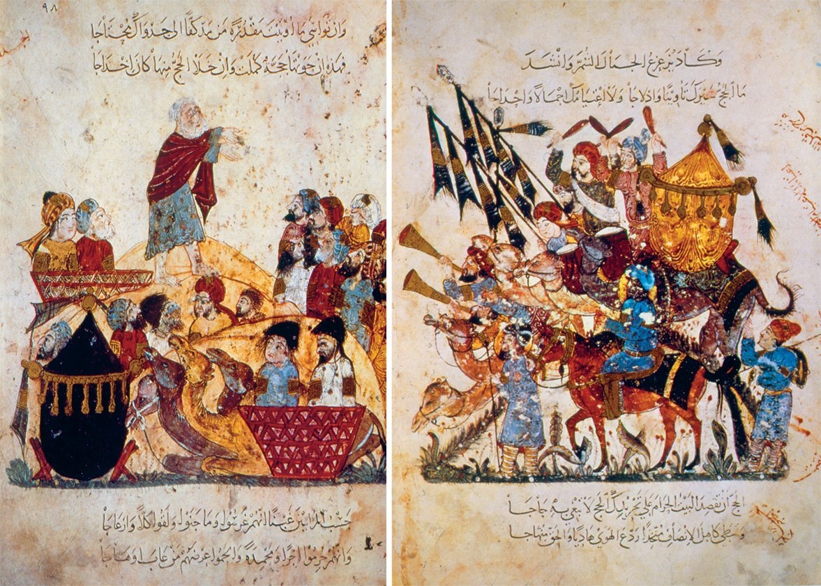 Harîrî’nin el-Maḳāmât adlı eserinde hac kervanını gösteren minyatürlü iki sayfa (Bibliothèque Nationale, MS, Arabe, nr. 5847, vr. 94a, 95a)