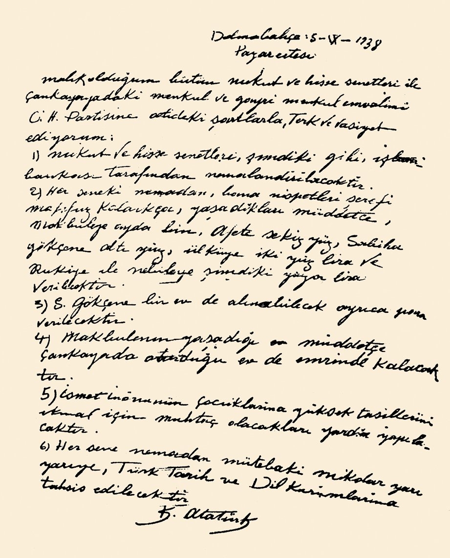 Mustafa Kemal Atatürk’ün kendi el yazısıyla düzenlediği vasiyetnâmesi