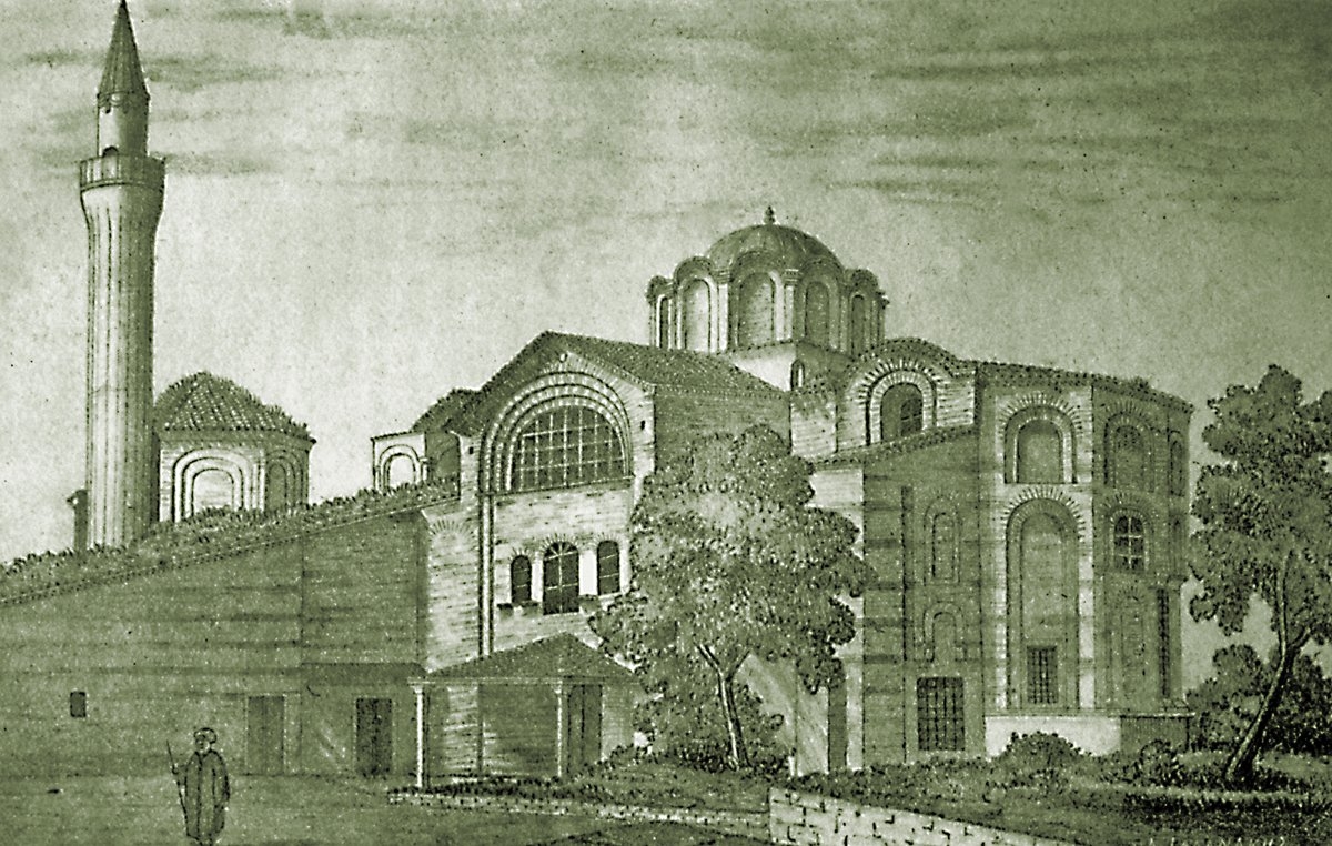 İstanbul’un fethinden sonra Molla Gürânî adına camiye çevrilen Aziz Theodoros Kilisesi’nin eski bir gravürü (G. Paspatis, Byzantinai Meletai, İstanbul 1877, s. 314)
