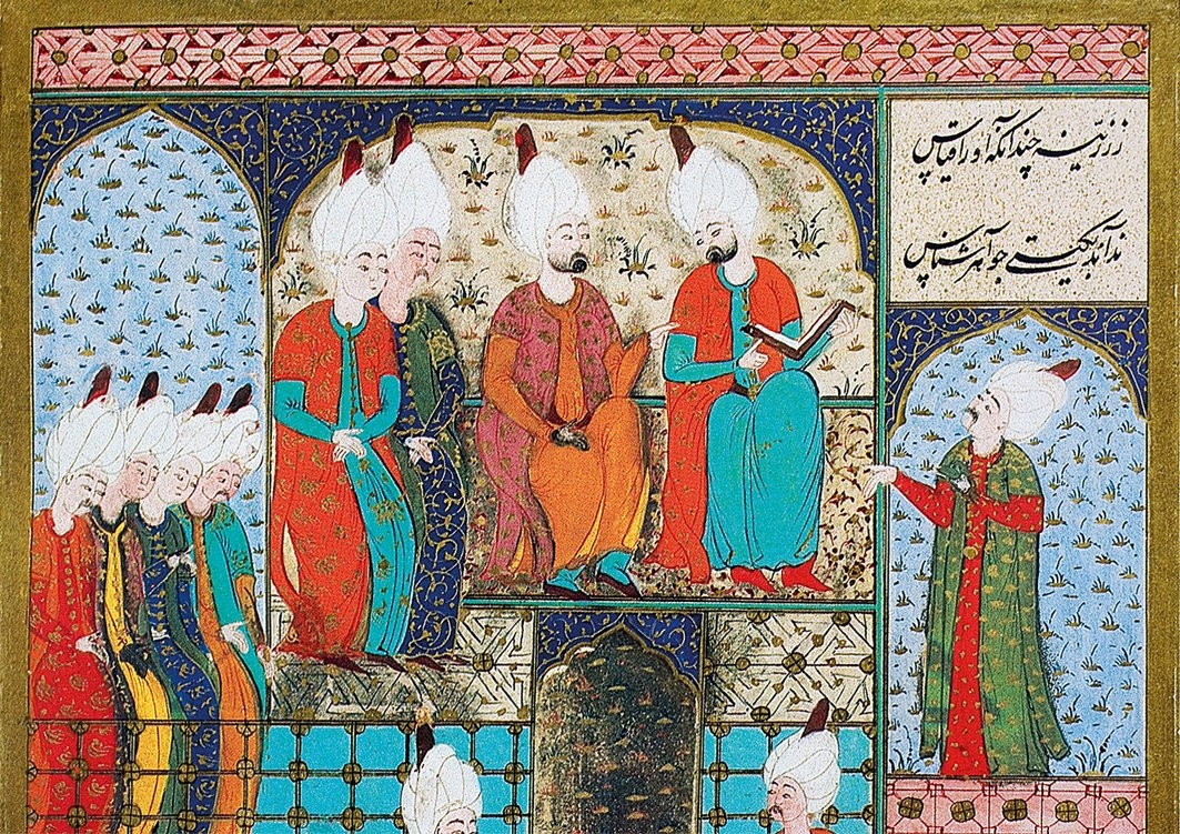 Safevî şehzadesi Elkas Mirza’dan gelen hediyelerin takdimi sırasında Rüstem Paşa’yı (ortada) gösteren minyatür (Süleymannâme, TSMK, Hazine, nr. 1517, vr. 498b’den detay)