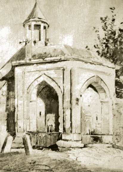 Attar Halil Mescidi yanındaki çatal çeşmenin minareli halini gösteren Hoca Ali Rızâ Bey’in kara kalem resmi (S. Eyice arşivi)