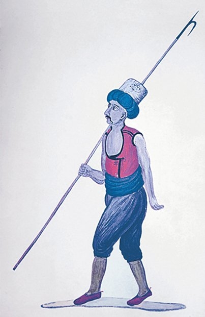 XVIII. yüzyıla ait bir kıyafet albümünde tulumbacı eri (T. Klaus, Türkische Gewänder und Osmanische Gesellschaft im Achtzehnten Jahrhundert,Graz 1966, lv. 104)