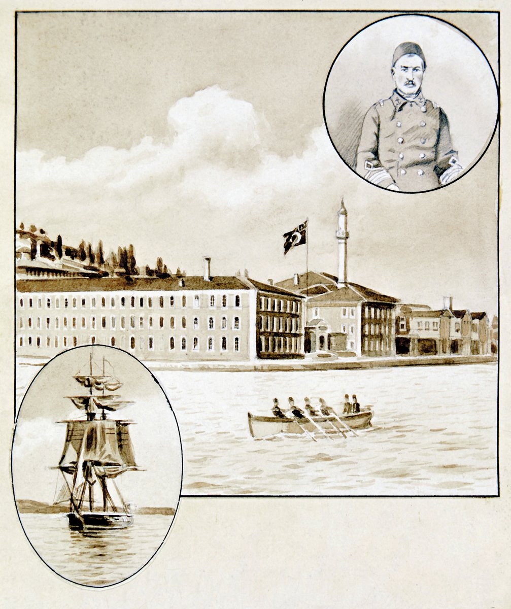 XIX. yüzyıl sonlarına ait bir resimde üçambarlı süvarisi Cebirci Eşref Bey, Bahriye Mektebi ve okul gemisi (Hasan Hüsnü Tengüz Albümü, İstanbul Deniz Müzesi, nr. 578, vr. 24a)