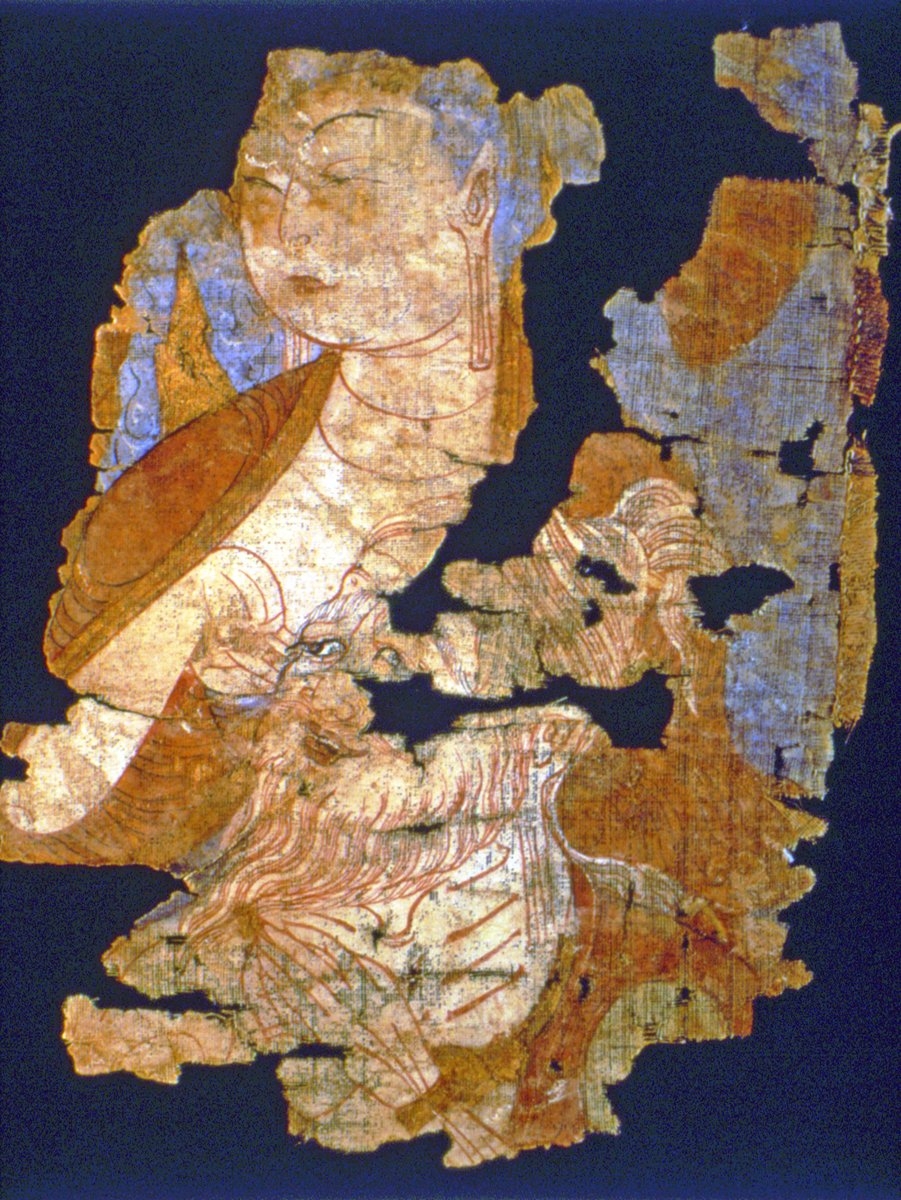 Hoço’da bulunan IX. yüzyıla ait ipek üzerine yapılmış, Buda’yı vaaz ederken gösteren bir resim (Museum für Indische Kunst – Berlin, [Envanter nr. 6361])