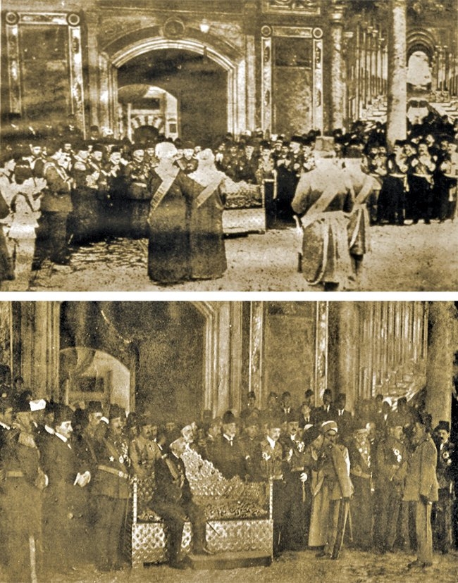 Vahdeddin’in cülûsu sırasında Topkapı Sarayı’nda yapılan biat töreninden fotoğraflar (Harb Mecmuası, y. 3, sy. 27 [Haziran 1334], s. 418-419)