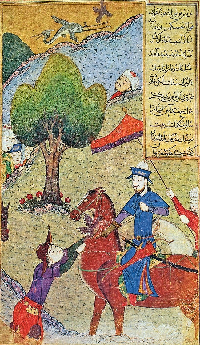 Şerefeddin Ali Yezdî’nin Ẓafernâme adlı eserinin 839 (1436) tarihli nüshasında Tuğrul Bey’i avlanırken gösteren bir minyatür (Persian and Mughal Art, London 1976, lv. 12)