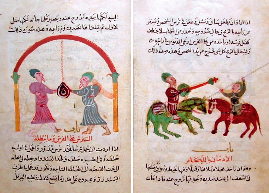 Çeşitli savaş silâhlarıyla tâlimin tasvir edildiği iki minyatür (Kitâbü’l-Mahzûn câmiu’l-fünûn, TSMK, Revan Köşkü, nr. 1933, vr. 86b-87a)