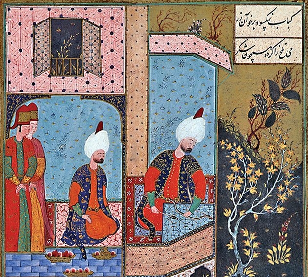 Mustafa Çelebi’yi Kanûnî Sultan Süleyman ile sohbet ederken gösteren bir minyatür(Ârifî Çelebi, Süleymannâme, TSMK, Hazine, nr. 1517, vr. 477b’den detay)