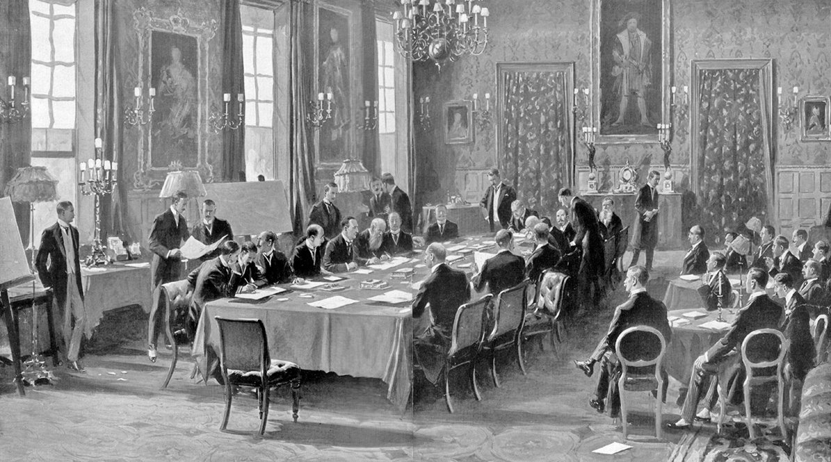 I. Balkan Savaşı sonunda 30 Mayıs 1913’te Londra Antlaşması’nı imzalayan delegeleri gösteren temsilî resim (L’Illustration, nr. 3667, 7 Haziran 1913, s. 532-533)