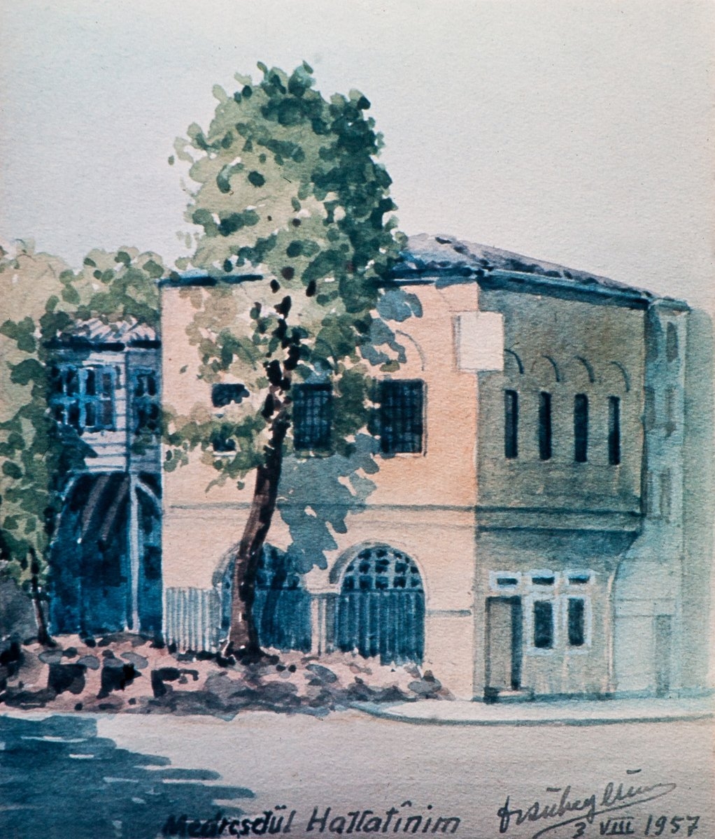 Medresetü’l-hattâtîn’in Ahmet Süheyl Ünver tarafından yapılmış sulu boya bir resmi