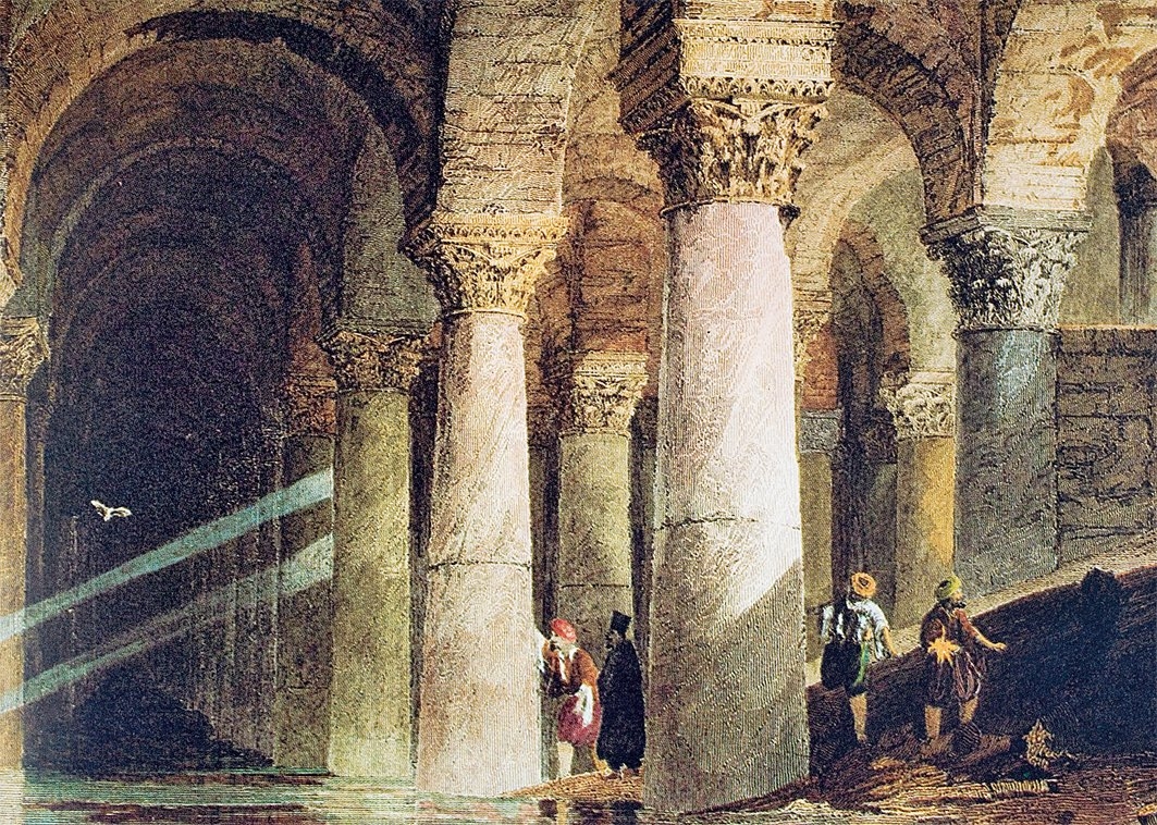 XIX. yüzyılın ilk yarısında Yerebatan Sarayı’nın içini gösteren gravür (R. Walsh, Constantinople and the Scenery of the Seven Churches of Asia Minor, London 1839, I, lv. 46)
