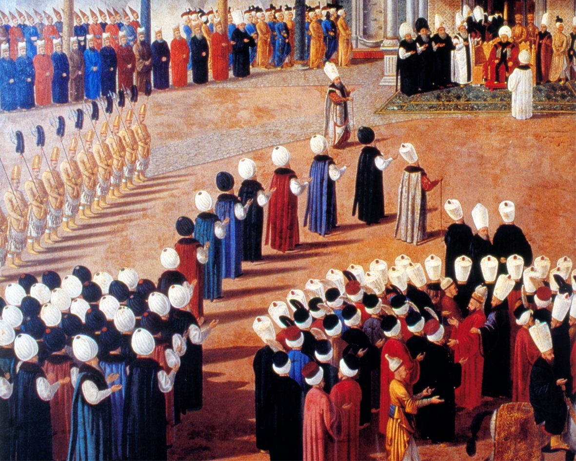 Çeşitli kavuk tiplerinin görüldüğü II. Selim dönemine ait yağlı boya bir tablodan detay (TSM, Padişah Portreleri Salonu)