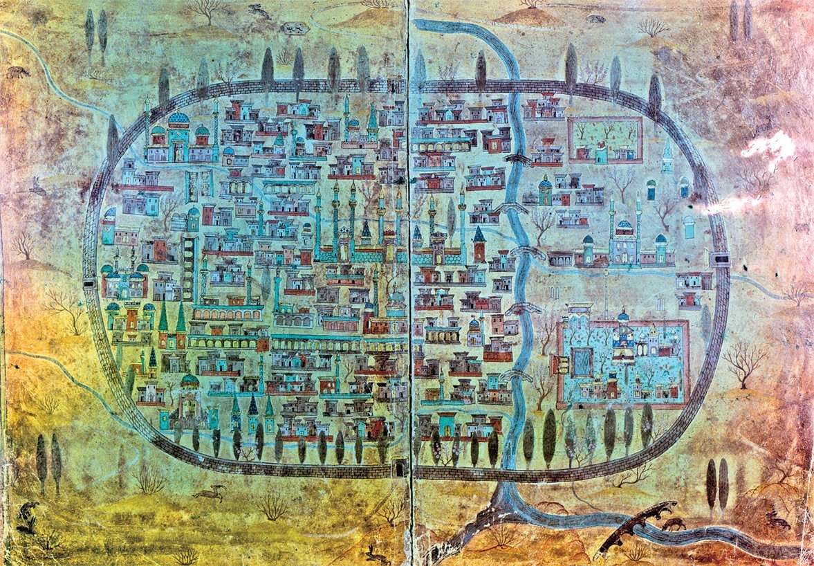 XVI. yüzyılın ilk yarısında Tebriz’i gösteren bir minyatür (Matrakçı Nasuh, Beyân-ı Menâzil-i Sefer-i Irâkeyn, İÜ Ktp., TY, nr. 5964, vr. 27b-28a)