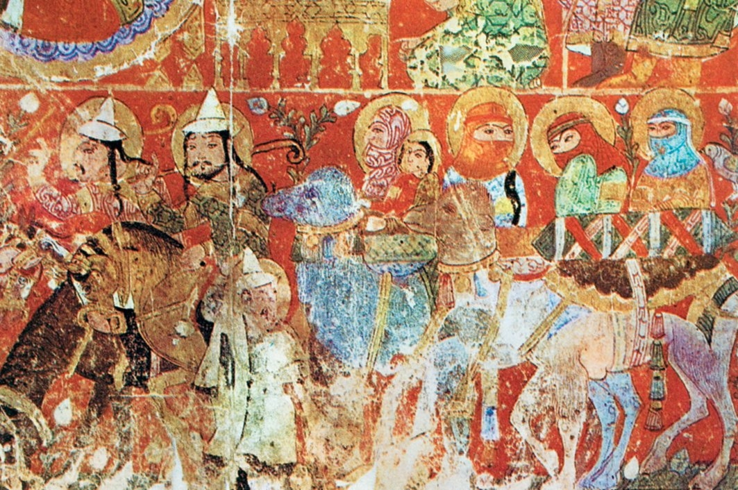 XIII. yüzyıl ortalarına ait Kitâbü’t-Tiryaḳ nüshasında peçeli kadınların yer aldığı minyatürden bir detay (Österreichische Nationalbibliothek, Cod. AF, nr. 10, vr. 3a’dan detay)