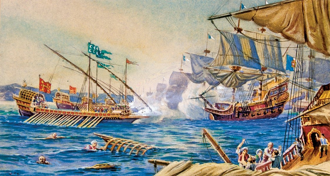 Seydi Ali Reis’in Hint Okyanusu’nda Portekizliler’le yaptığı savaştaki gemileri tasvir eden bir resim (Hüsnü Tengüz Albümü, İstanbul Deniz Müzesi,nr. 578, vr. 9a)