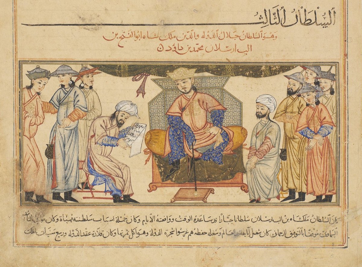 Melikşah’ı tahtında otururken tasvir eden bir minyatür (Reşîdüddin Fazlullāh-ı Hemedanî, Câmiʿu’t-tevârîḫ [Compendium of Chronicles by Rashid al-Din], Edinburgh University Library Special Collections, Or.Ms.20, vr. 138a)