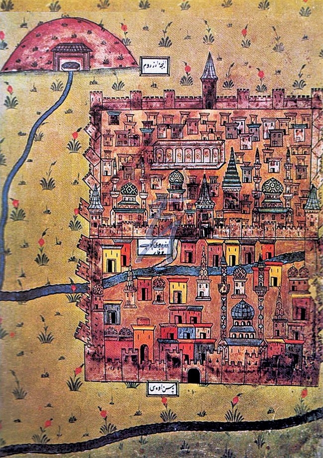 Erzurum’un XVI. yüzyıldaki durumunu gösteren bir minyatür (Matrakçı Nasuh, Beyân-ı Menâzil-i Sefer-i Irâkeyn, İÜ Ktp., TY, nr. 5964, vr. 23b)